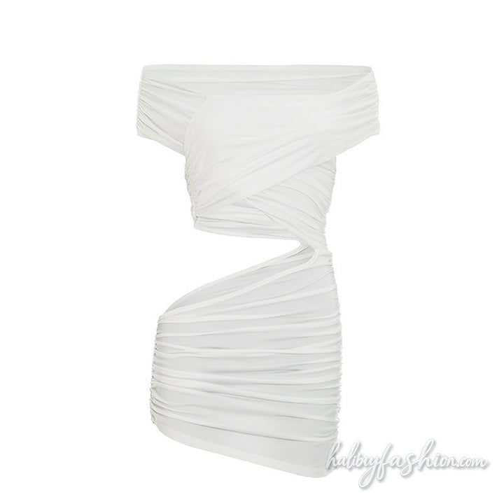 Hollow out irregular off shoulder ruched mini dress - Halibuy - 2