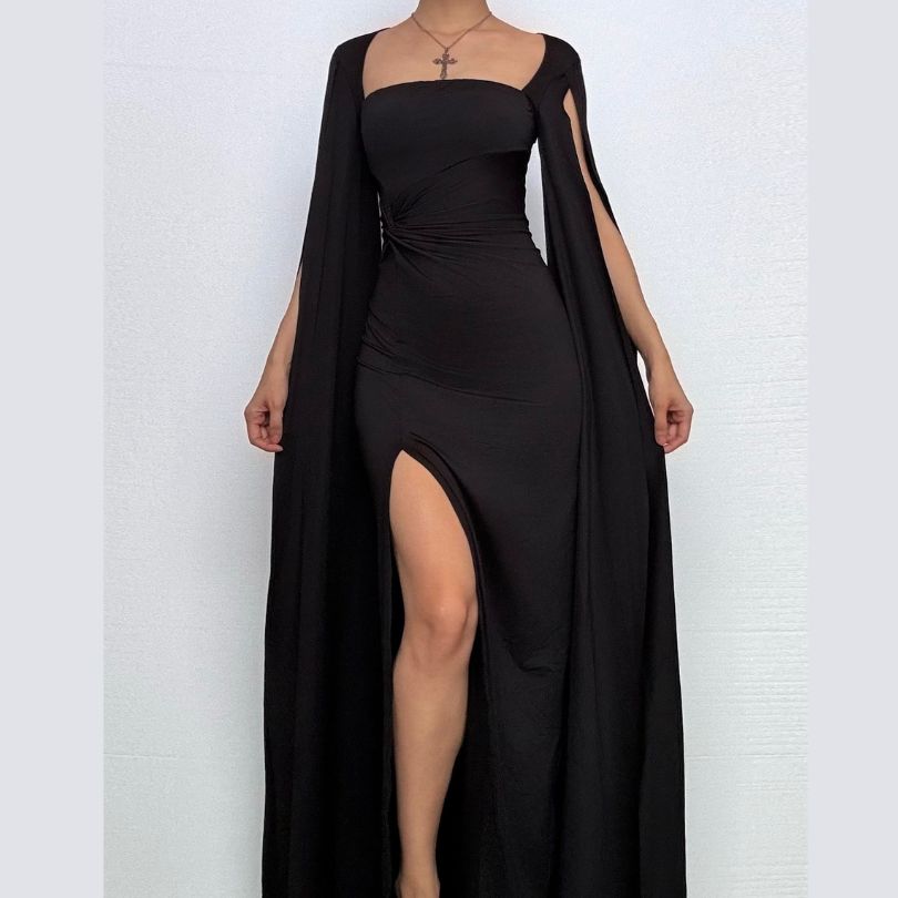 Long sleeve high slit square neck ruched maxi dress  | Festival Outfits Women