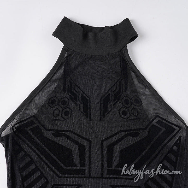 Crewneck mesh button print solid bodysuit