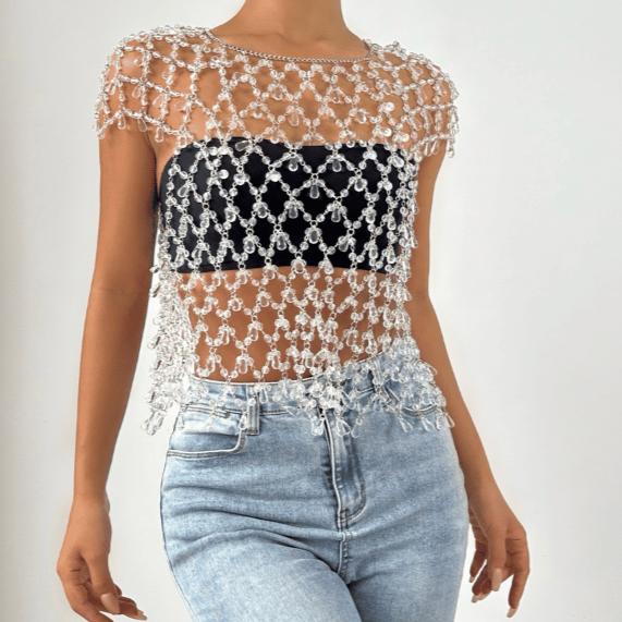 Crewneck crystal hollow out cut out top  | Festival Outfits Women-final-sale