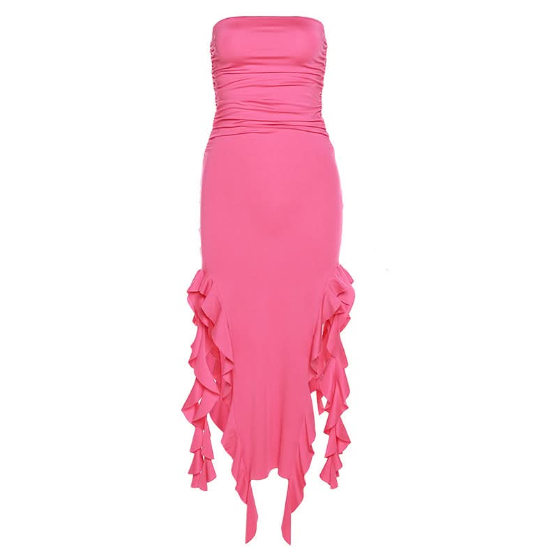 Solid slit irregular ruffle ribbon backless tube midi dress - Final Sale