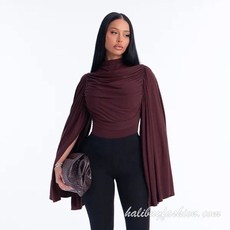 Turtle neck long flared sleeve ruched solid knit bodysuit - Halibuy - 12