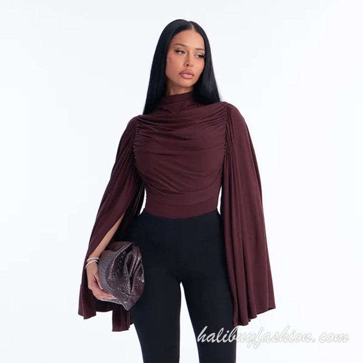 Turtle neck long flared sleeve ruched solid knit bodysuit - Halibuy - 12