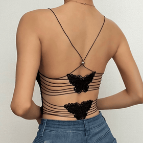 Sheer mesh butterfly applique see through backless solid top  | Festival Outfits Women