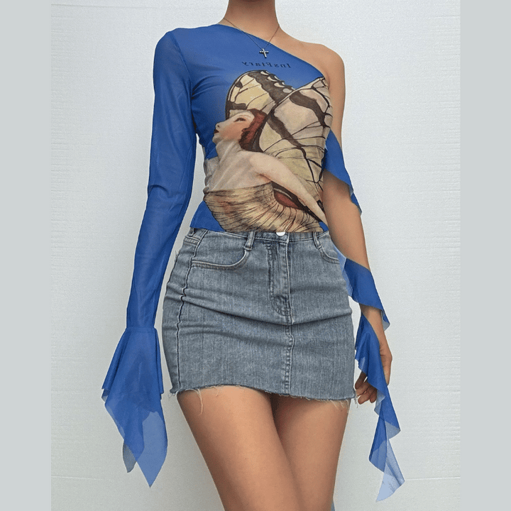 Off shoulder flared sleeve mesh print ruffle top  | Festival Outfits Women