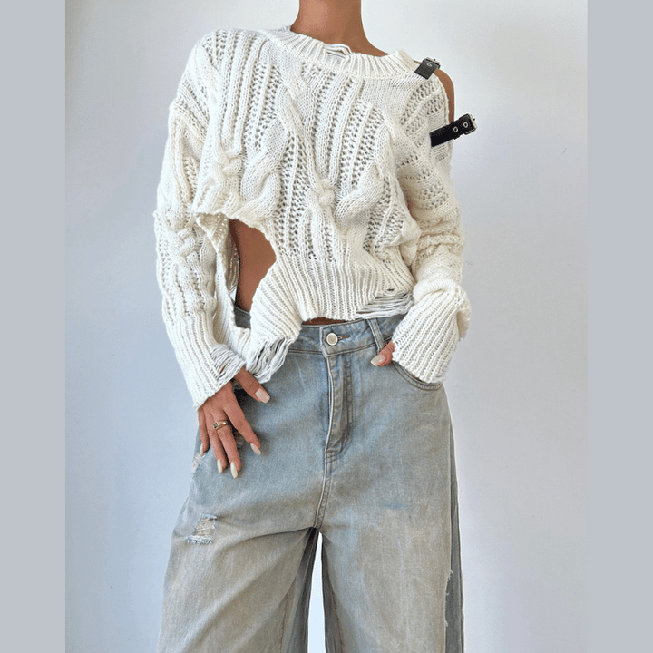 Long sleeve buckle knitted hollow out cut out top  | Festival Outfits Women-final-sale