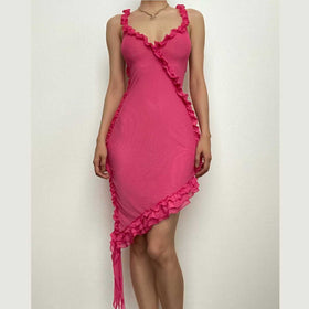 Sheer mesh see through ruffle solid cross back irregular mini dress-final-sale  | Festival Outfits Women