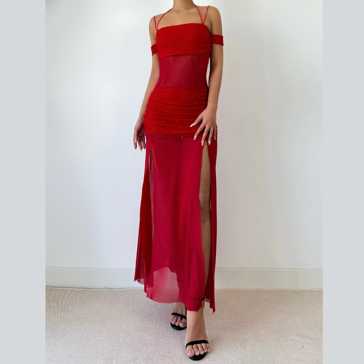 Ruched square neck slit halter cami maxi dress  | Festival Outfits Women