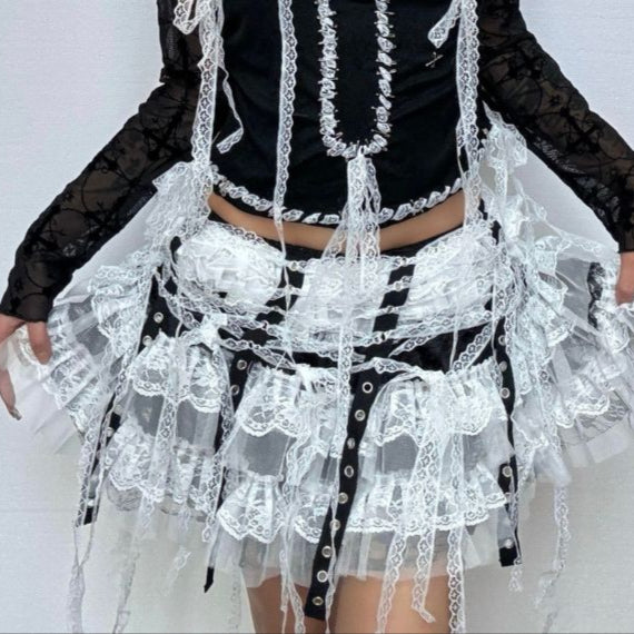 Long sleeve lace hem mesh cross pattern top  | Festival Outfits Women