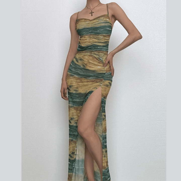 Sheer mesh contrast high slit ruched knotted cami maxi dress  | Festival Outfits Women