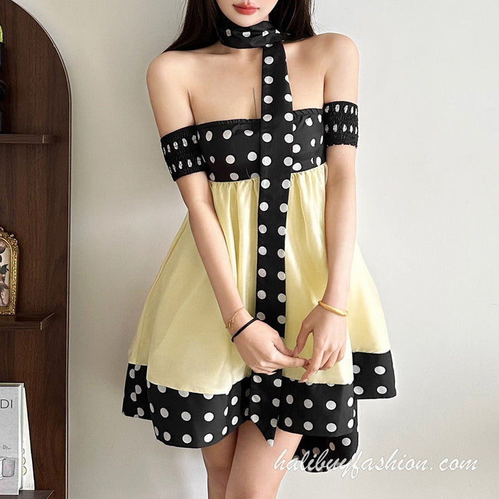 Off shoulder polka dot print irregular backless mini dress - Halibuy - 12