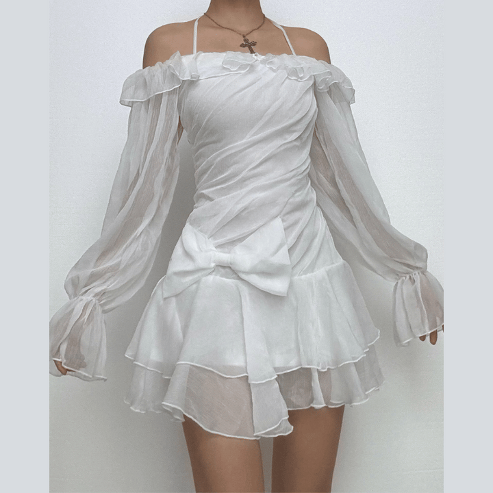 Halter off shoulder chiffon bowknot ruffle mini dress  | Festival Outfits Women