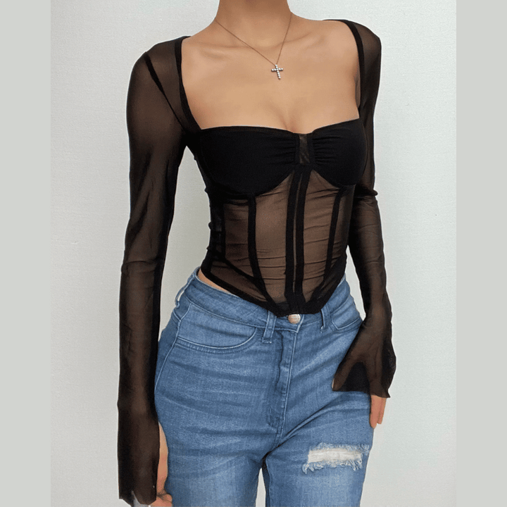 Corset mesh long sleeve solid ruched square neck crop top | Mesh Long Sleeve Crop Top  | Festival Outfits Women