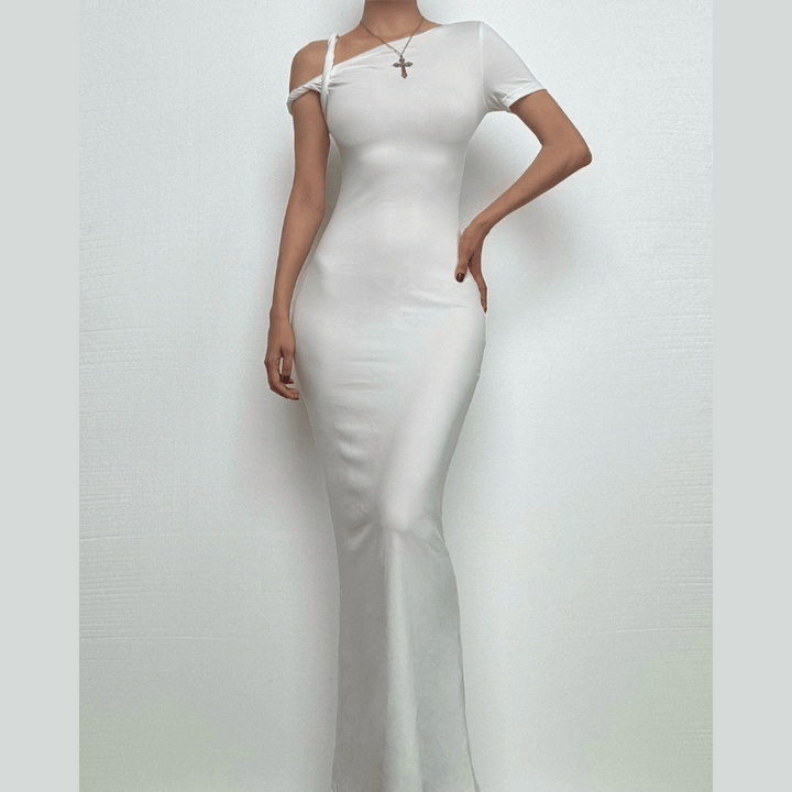 Short sleeve irregular one shoulder maxi dress  | Festival Outfits Women