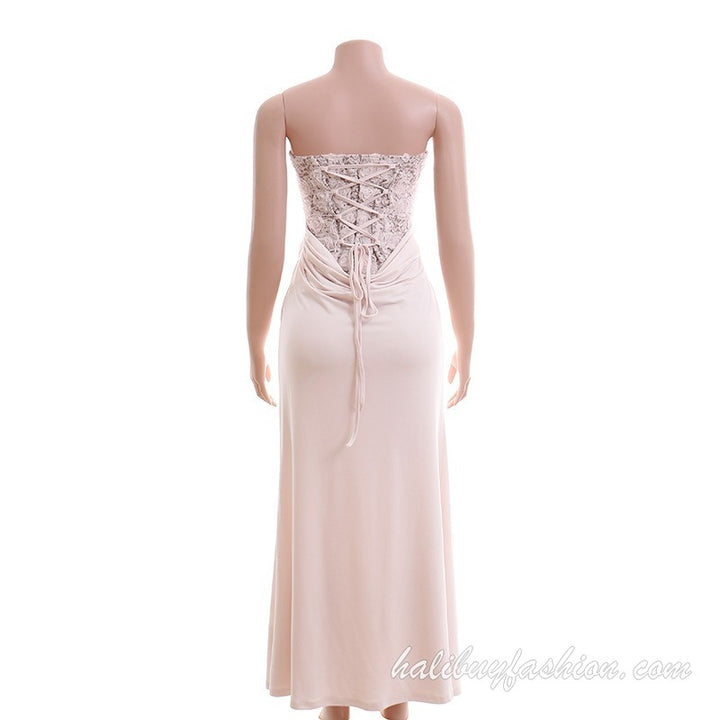 Patchwork lace ruched satin corset tube maxi dress - Halibuy - 12