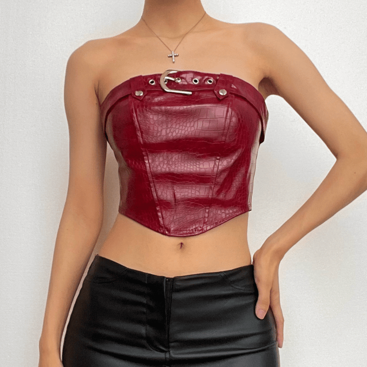 PU leather buckle backless zip-up crop tube top  | Festival Outfits Women