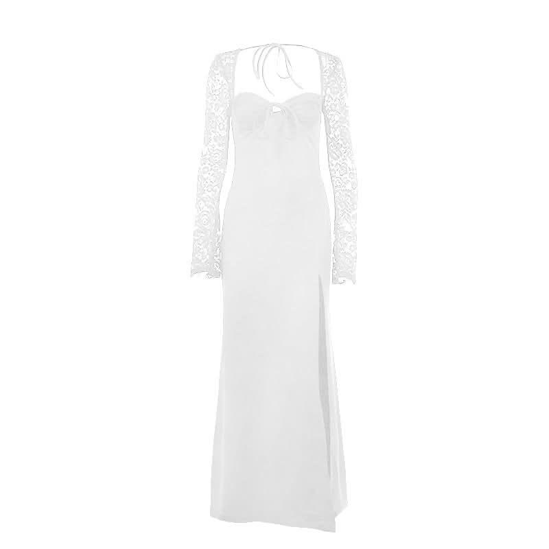 Sweetheart neck long sleeve self tie slit maxi dress  | Festival Outfits Women
