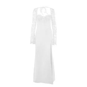 Sweetheart neck long sleeve self tie slit maxi dress  | Festival Outfits Women