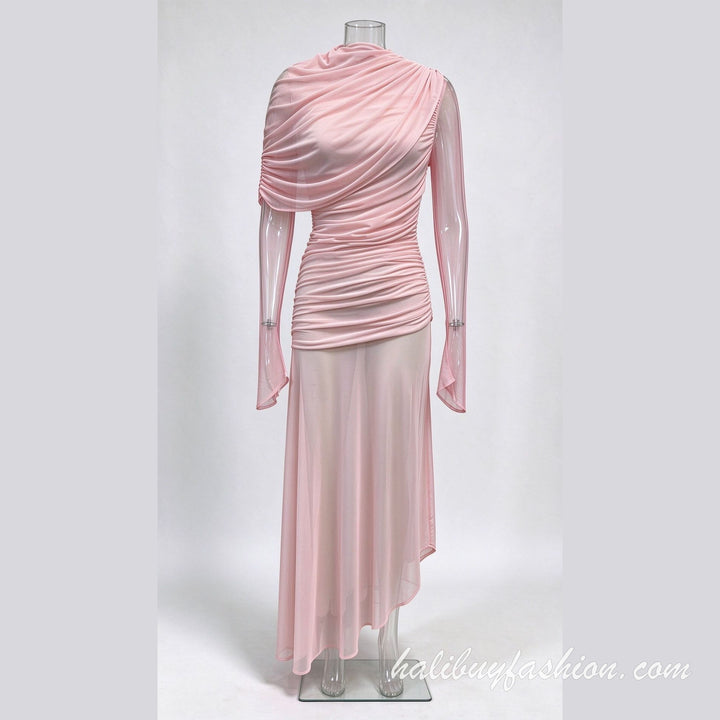 High neck long sleeve ruched mesh patchwork solid maxi dress - Halibuy - 12