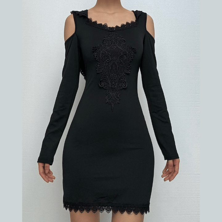 Hoodie long sleeve lace hem embroidery hollow out cut out mini dress  | Festival Outfits Women