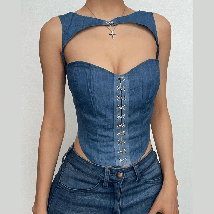 Hollow out button sleeveless corset low cut denim cut out top  | Festival Outfits Women