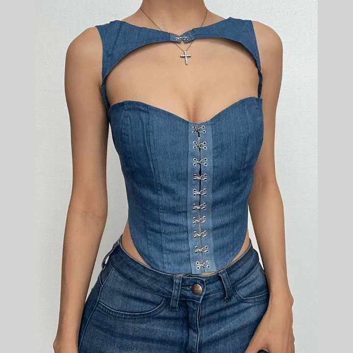 Hollow out button sleeveless corset low cut denim cut out top  | Festival Outfits Women