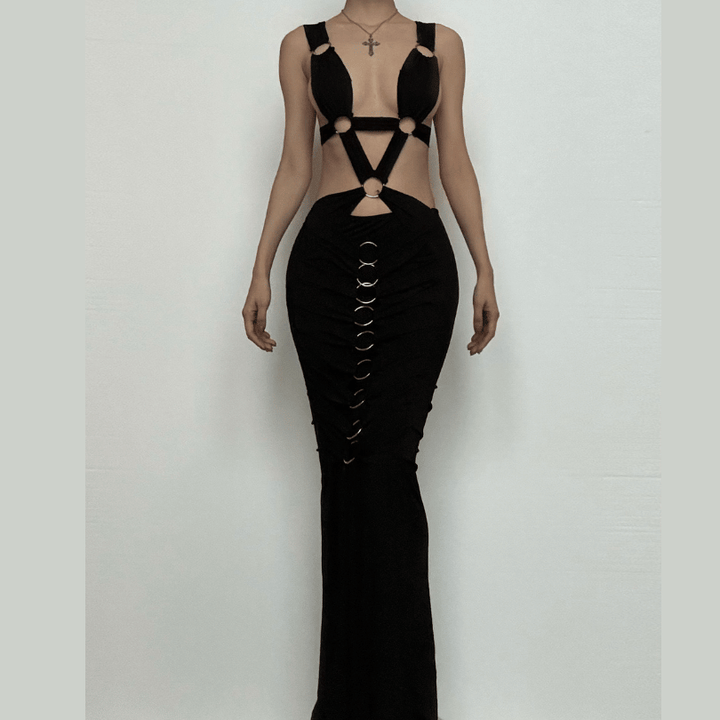 O ring textured hollow out self tie ruched tank cut out maxi dress-final-sale  | Festival Outfits Women
