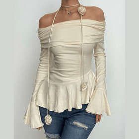 Off shoulder ruffle flower applique long flared sleeve ruched top  | Festival Outfits Women