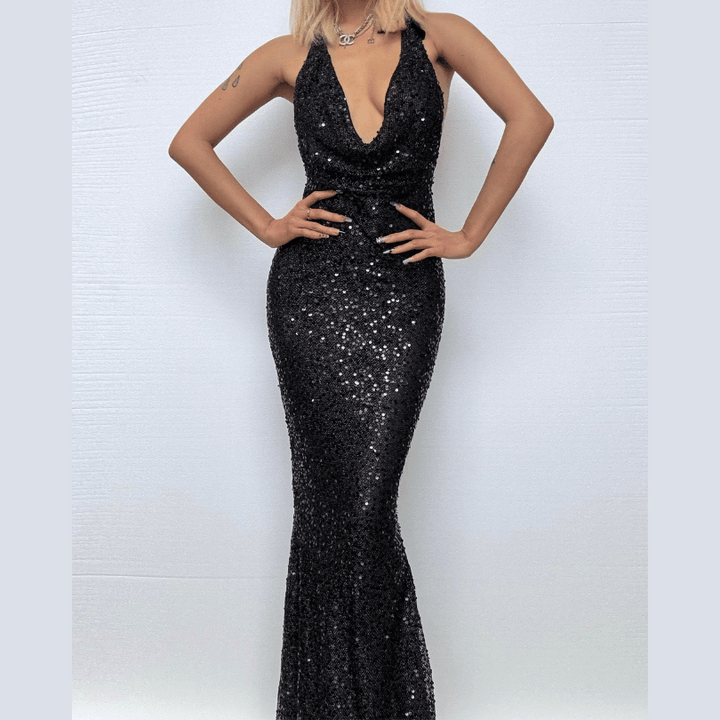 Halter self tie glitter u neck low cut backless maxi dress  | Festival Outfits Women