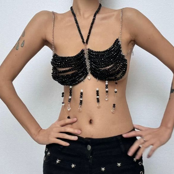 Black beaded metal chain halter backless top  | Festival Outfits Women