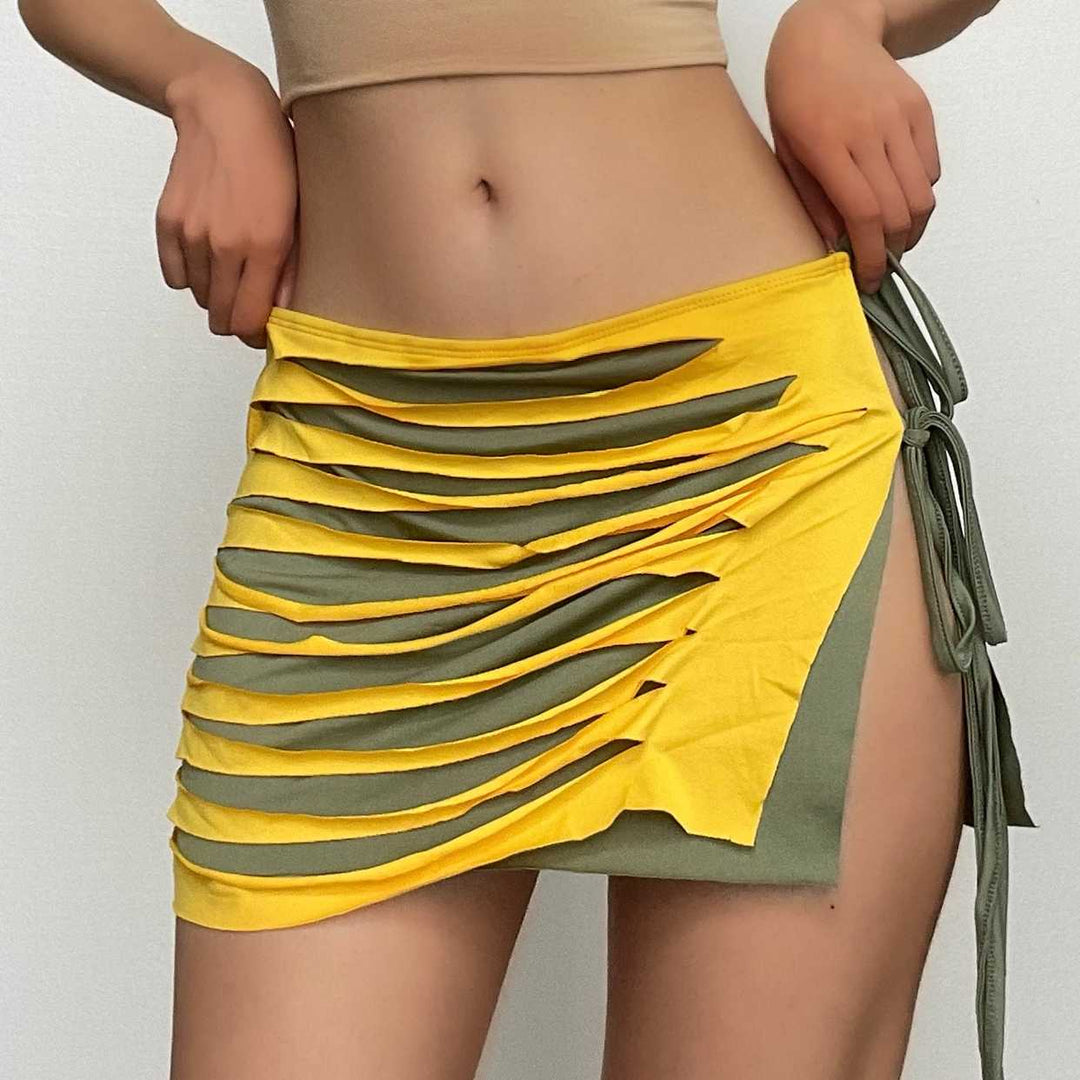 Contrast low cut hollow out self tie irregular mini skirt set-final-sale  | Festival Outfits Women