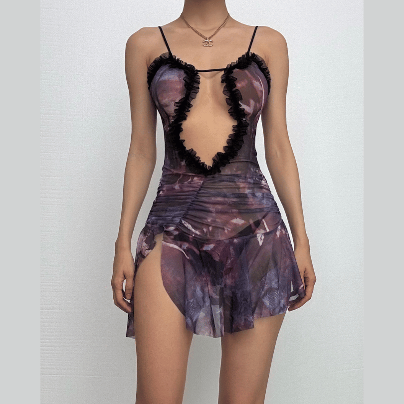 Ruched ruffle slit sheer mesh hollow out cami cut out mini dress-final-sale