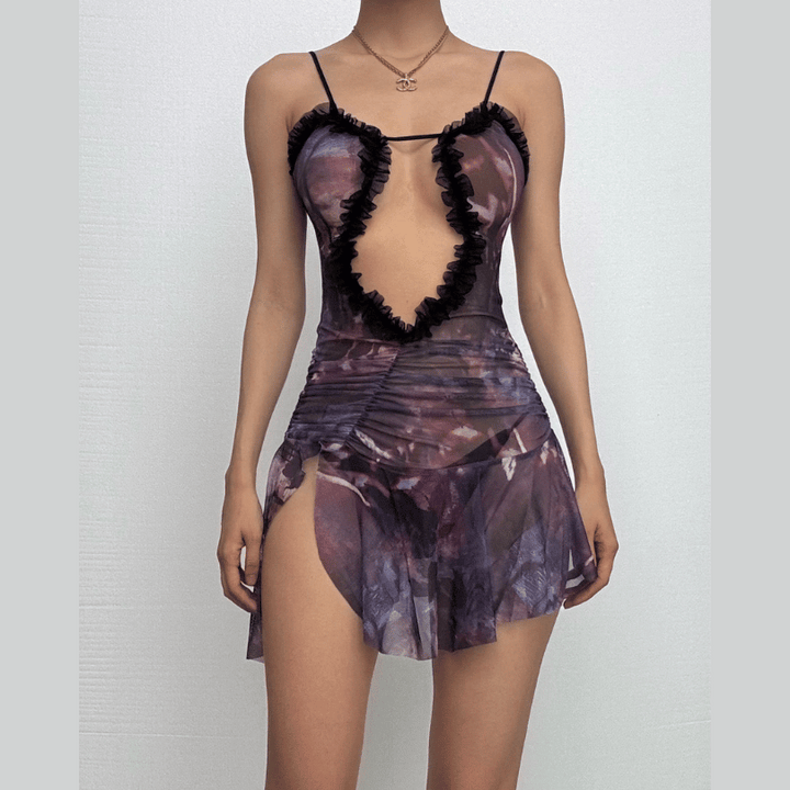 Ruched ruffle slit sheer mesh hollow out cami cut out mini dress-final-sale