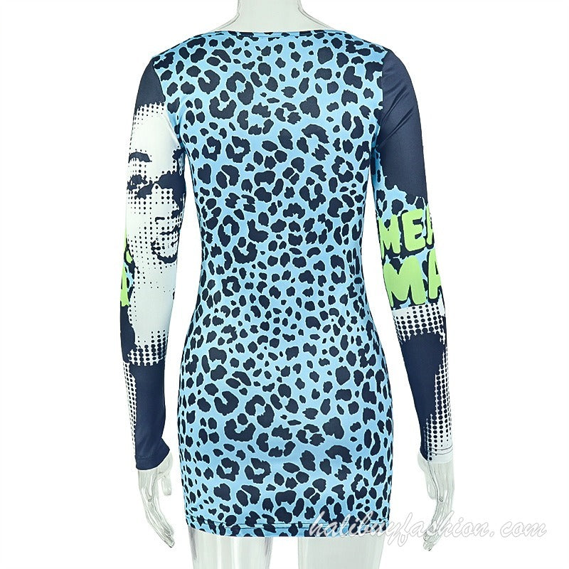 Long sleeve u neck print mesh patchwork mini dress - Halibuy - 12