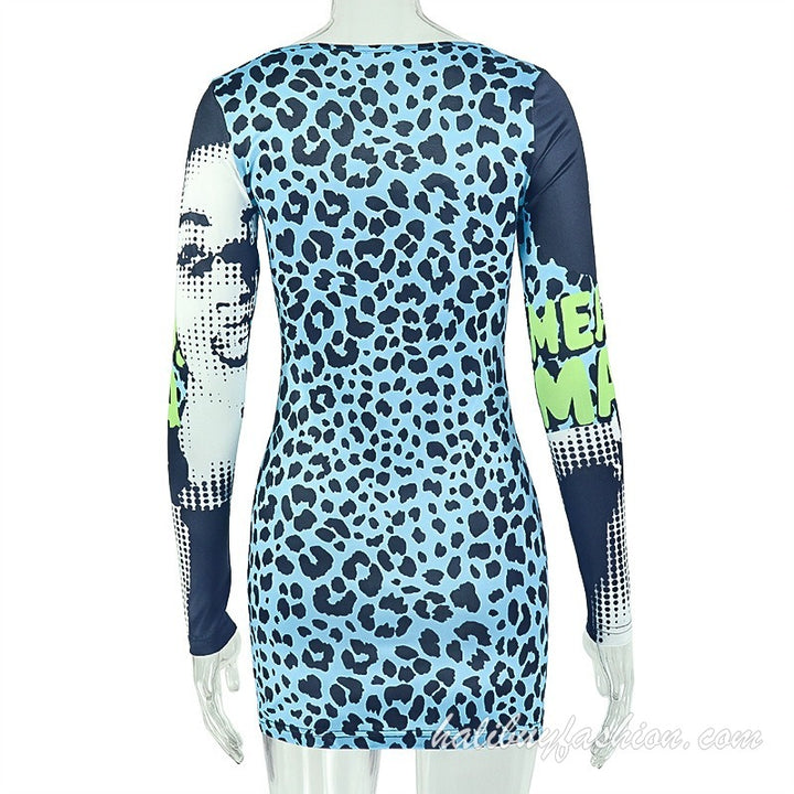 Long sleeve u neck print mesh patchwork mini dress - Halibuy - 12