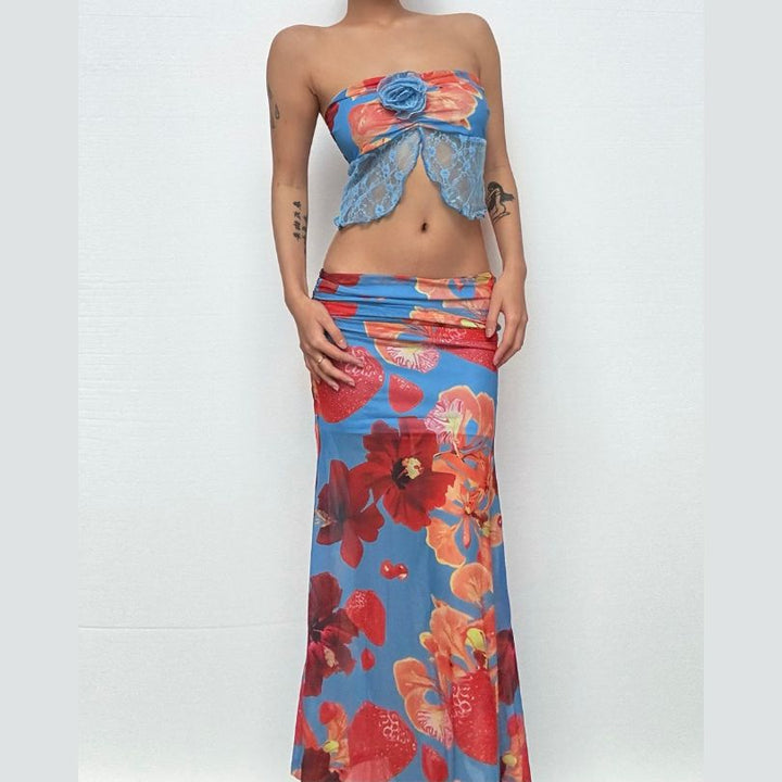 Mesh flower print ruched contrast maxi dress  | Festival Outfits Women
