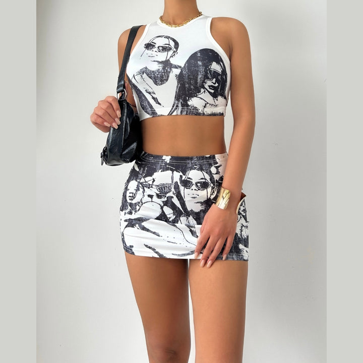 Sleeveless abstract print crewneck mini skirt set  | Festival Outfits Women