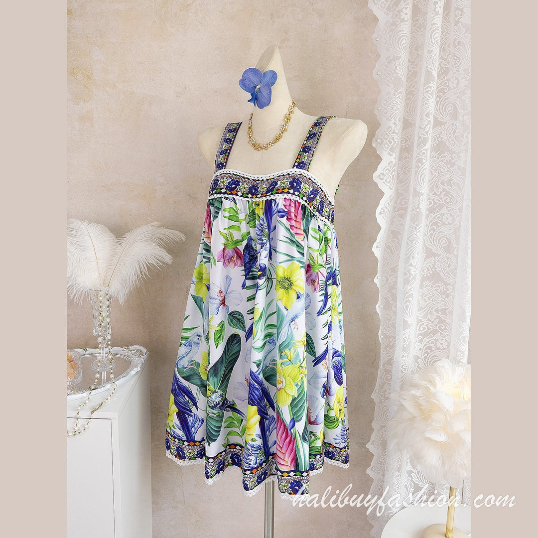Square neck sleeveless print ruffle mini dress - Halibuy - 12