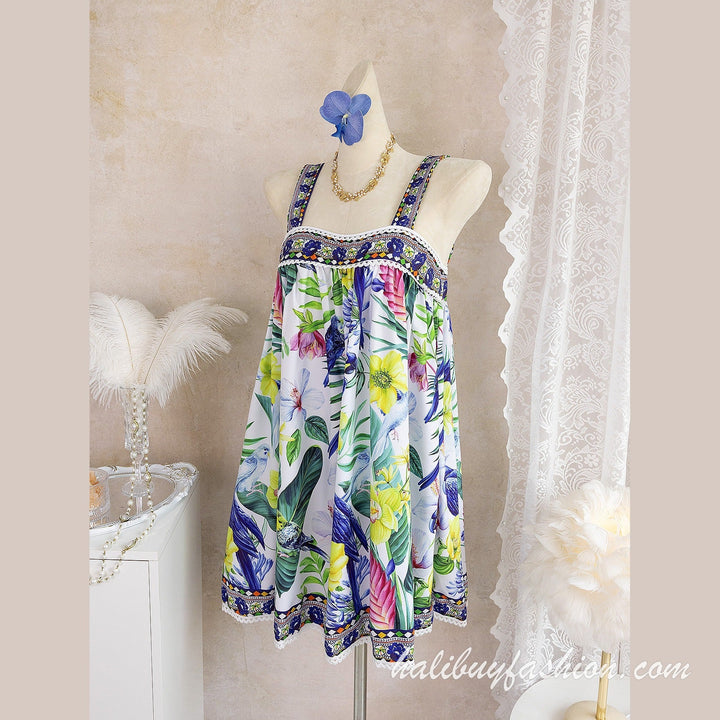 Square neck sleeveless print ruffle mini dress - Halibuy - 12