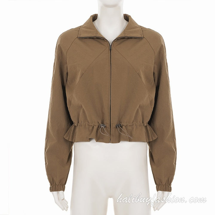 Long sleeve solid high neck zip-up drawstring ruched pant set - Halibuy - 12