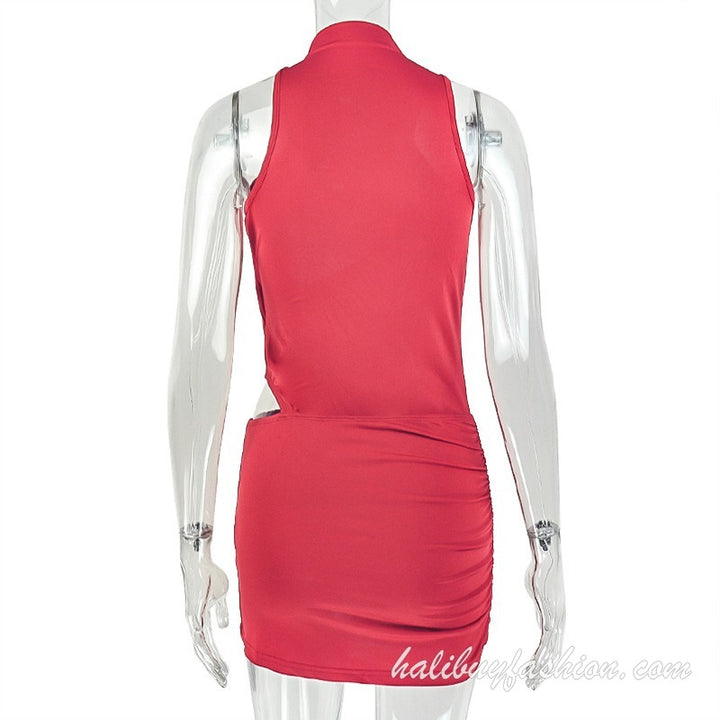 Sleeveless high neck cut out ruched solid mini dress - Halibuy - 12