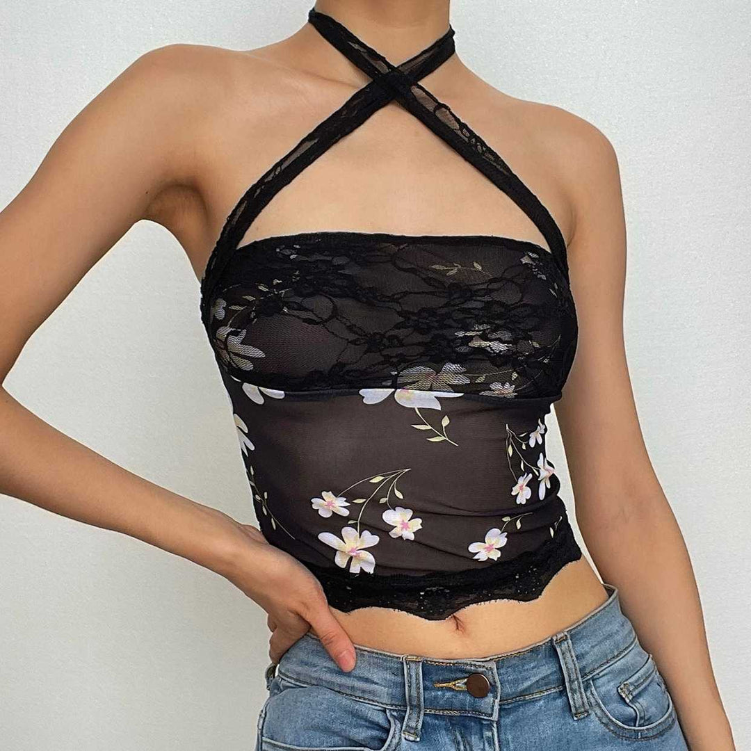 Sheer mesh lace self tie front floral print tube top