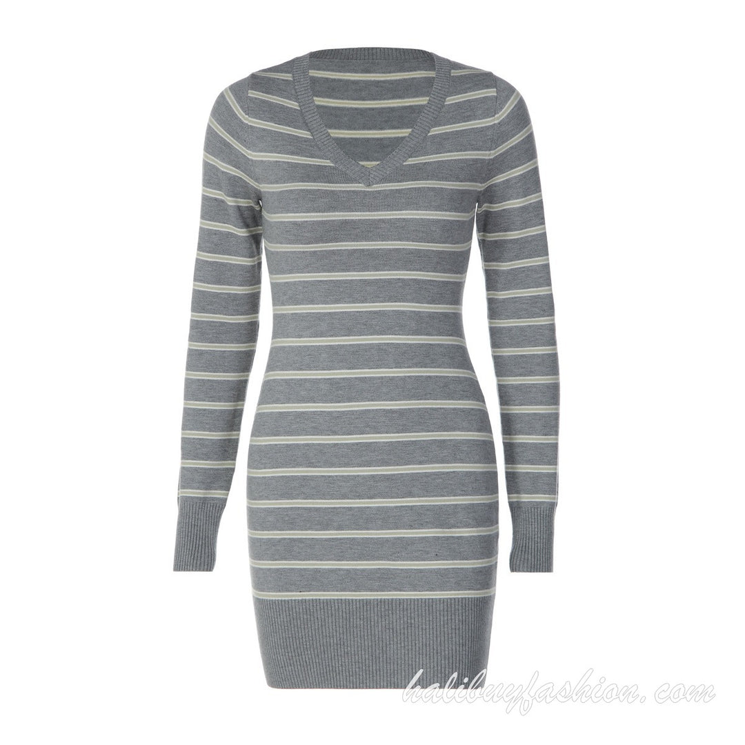 Deep v neck striped long sleeve knitted ribbed mini dress - Halibuy - 12