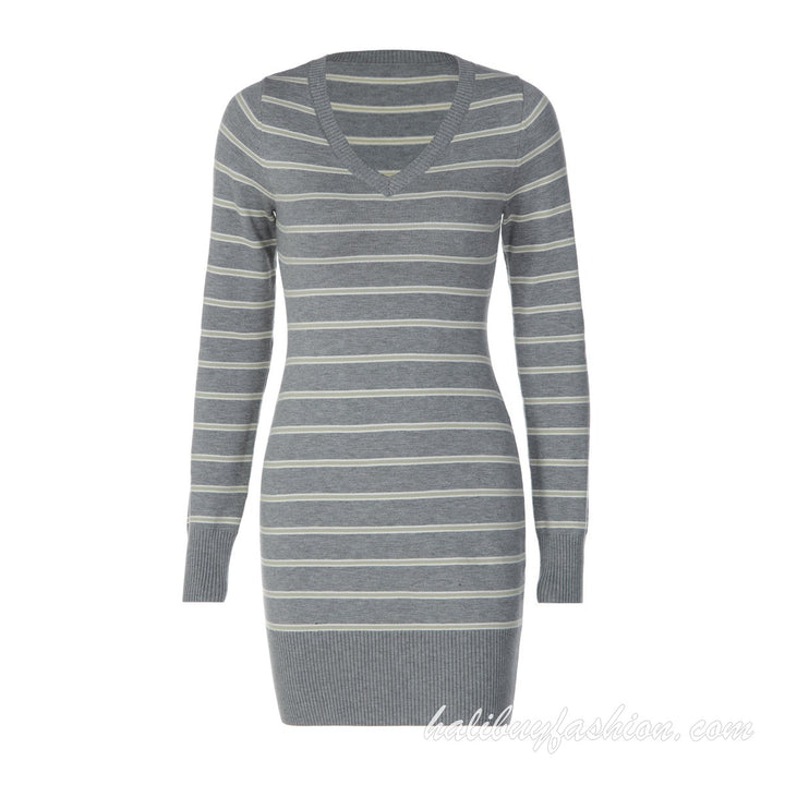Deep v neck striped long sleeve knitted ribbed mini dress - Halibuy - 12