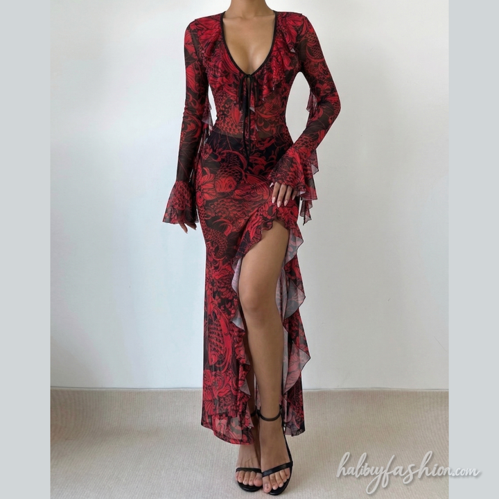 Long flared sleeve v neck self tie print slit maxi skirt set