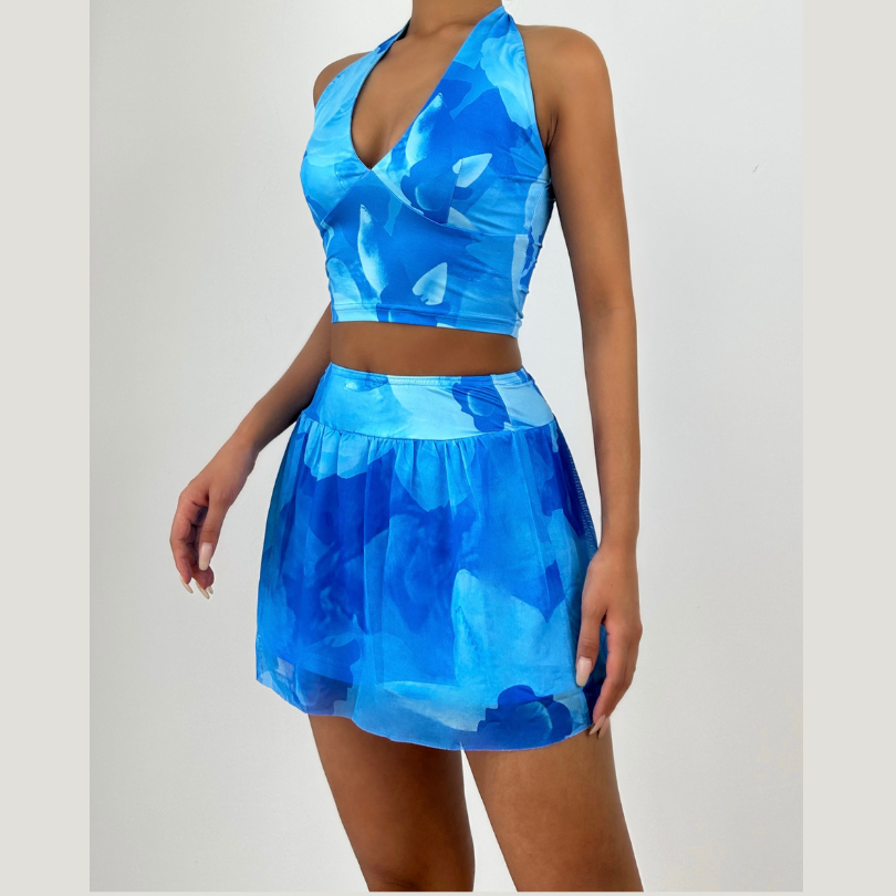 Halter v neck flower print mini skirt set  | Festival Outfits Women-final-sale