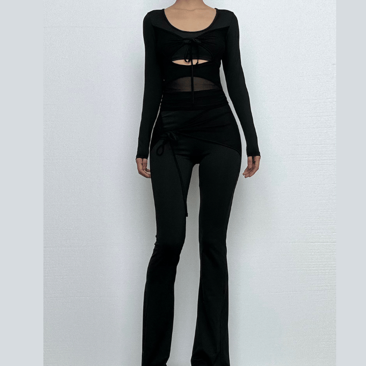 Long sleeve drawstring ruched patchwork jumpsuit  | Festival Outfits Women