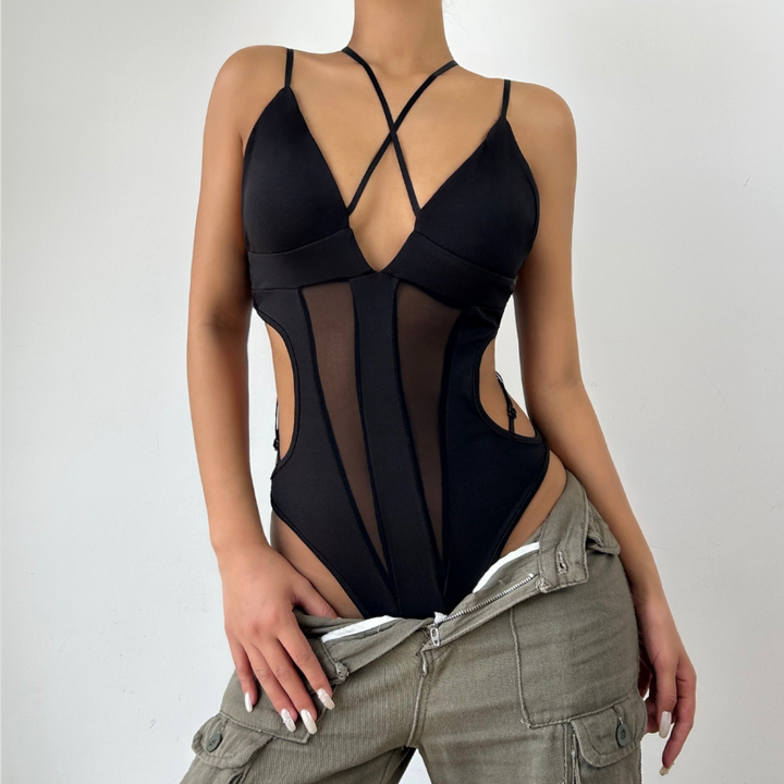 Cross front v neck button hollow out cami bodysuit  | Festival Outfits Women
