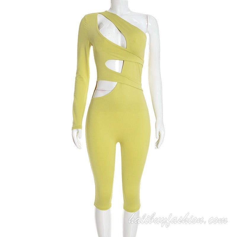 One shoulder long sleeve hollow out solid jumpsuit - Halibuy - 12