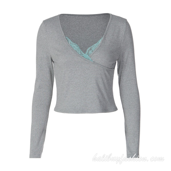 Long sleeve v neck solid cross front knitted lace crop top - Halibuy - 12